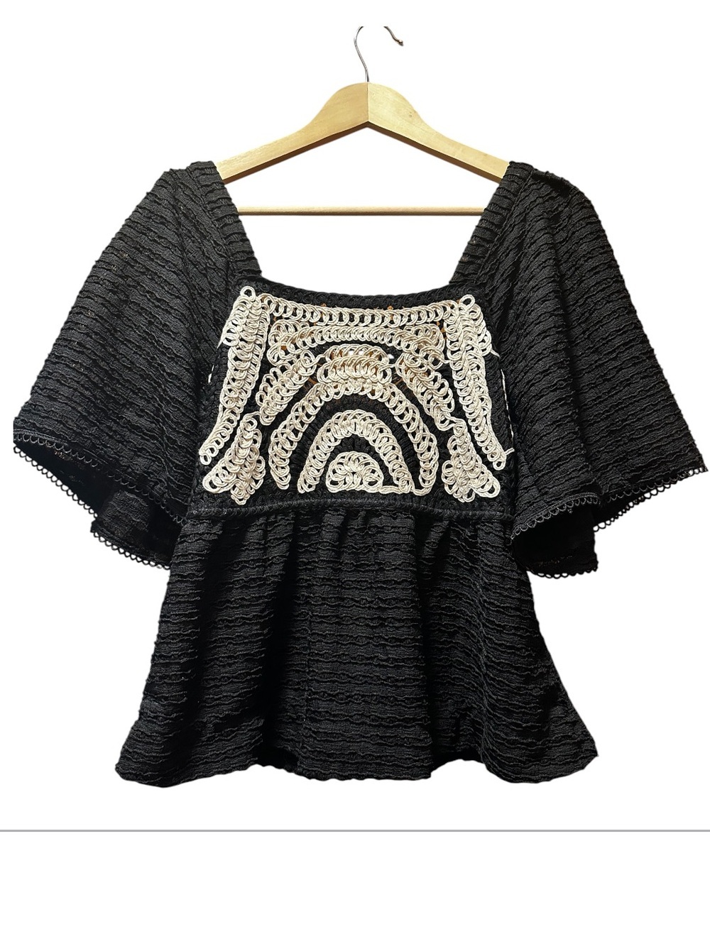 Sarah Hann Black Peplum Top with Ivory Crochet Panel - Picture 2 of 5